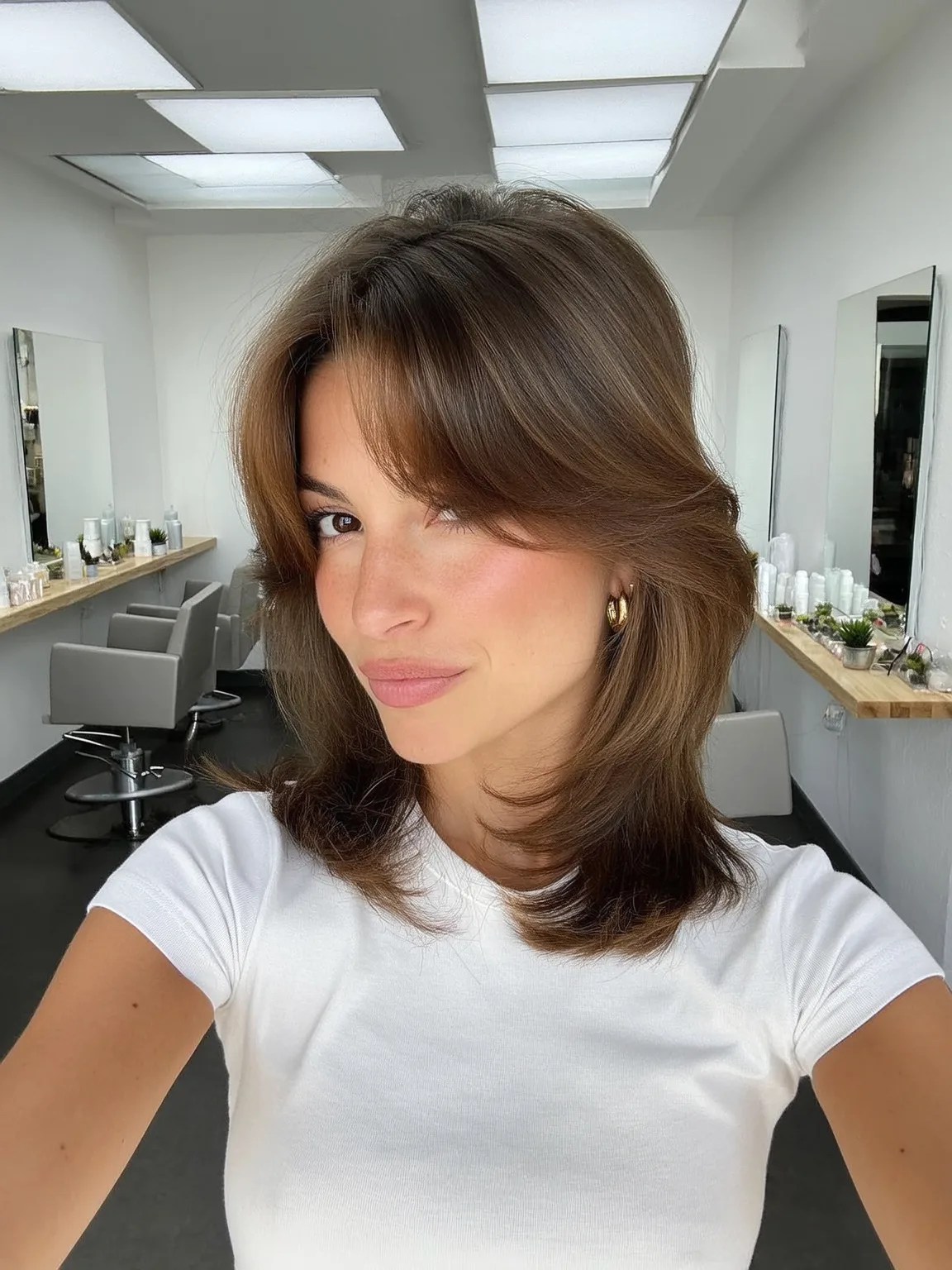 Blow-Dried Feathered Shoulder-Length Layers with Curtain Bangs